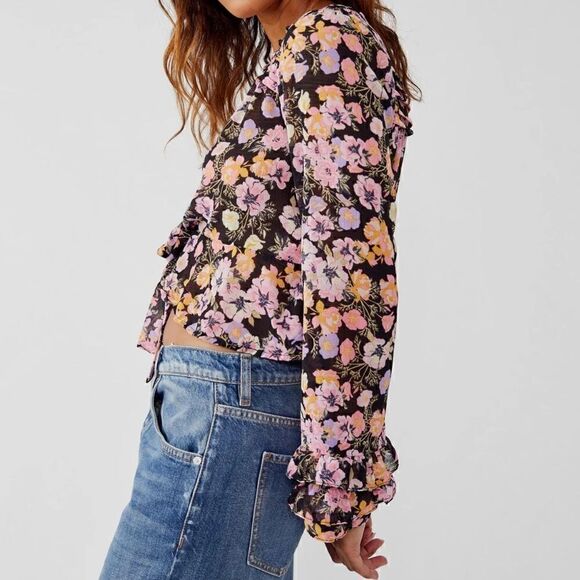 NWT Free People Maybel Top Sheer Floral Plunge V Neck Ruffled Cuff Bell Sleeves - Picture 6 of 11